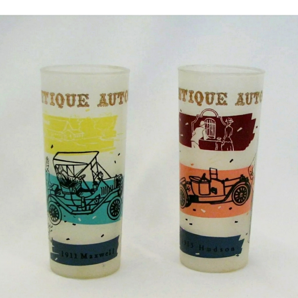 Vintage Frosted Glasses Ice Tea Antique Cars 2 1911 Maxwell 1913 Husdon 6 Inches